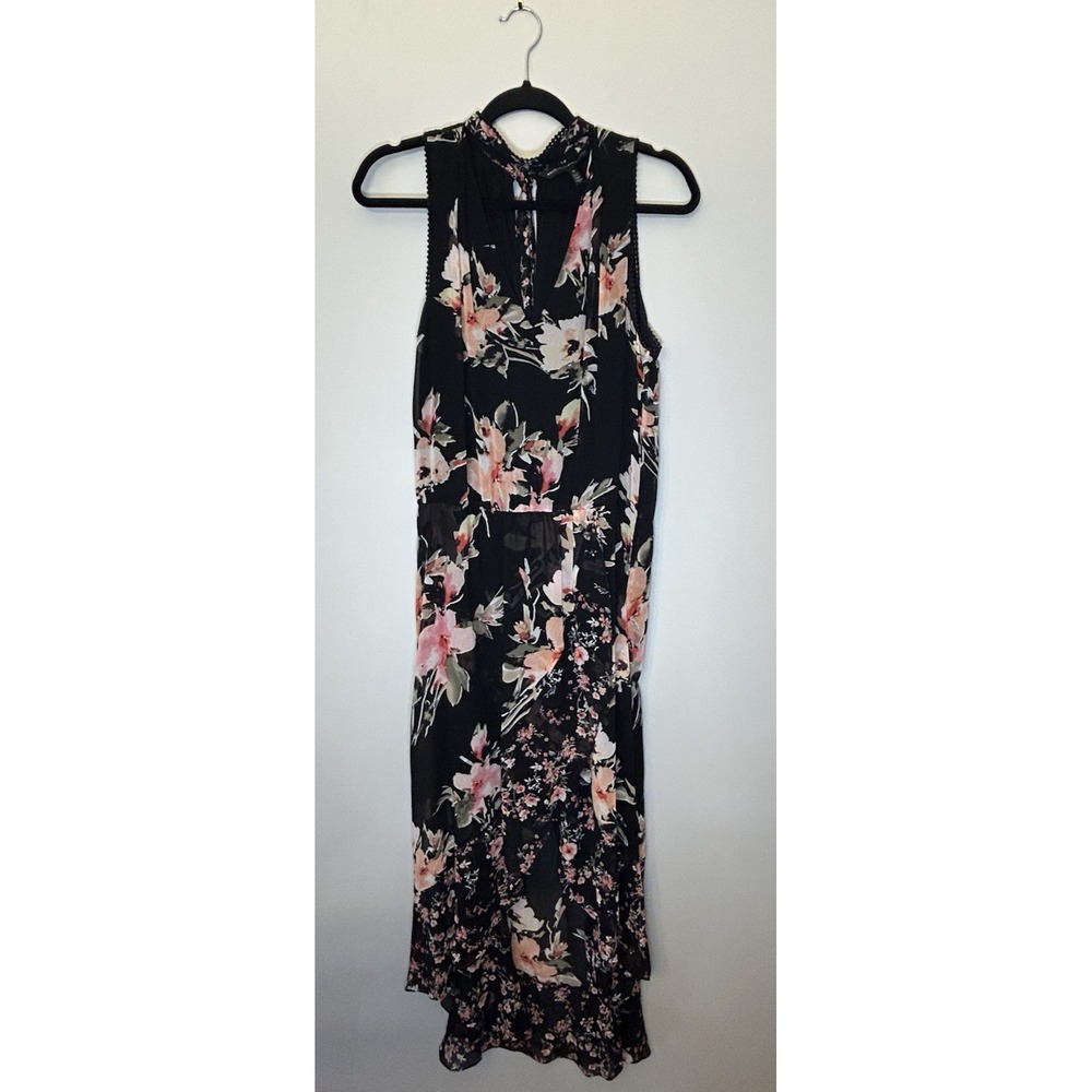 White House Black Market Maxi Dress Women's 14 Black Faux Wrap High Low Floral